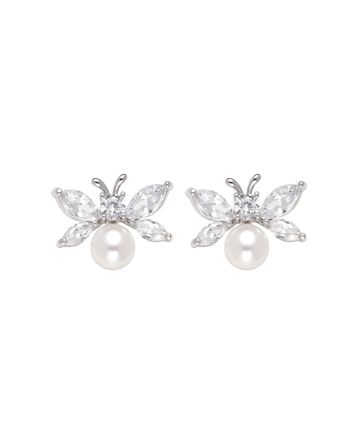 5-6mm White Freshwater Pearl & Diamond Bee Stud Earrings