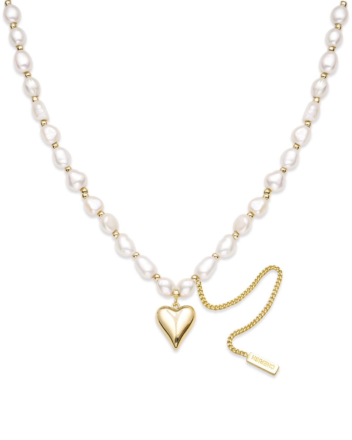 5-6mm White Freshwater Pearl Golden Heart Necklace