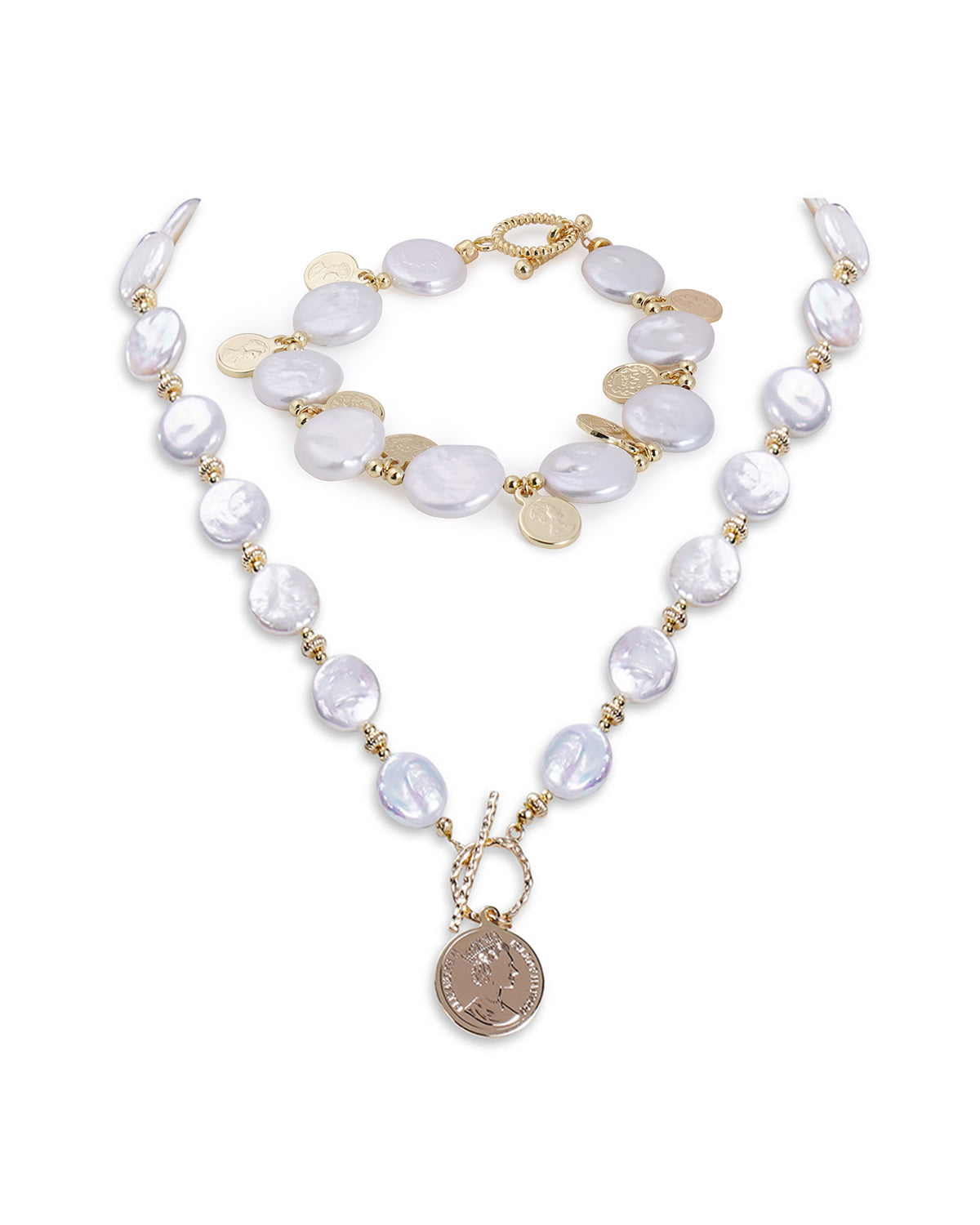 11-12mm Baroque Button Freshwater Pearl Coin Pendant Necklace & Bracelet Set