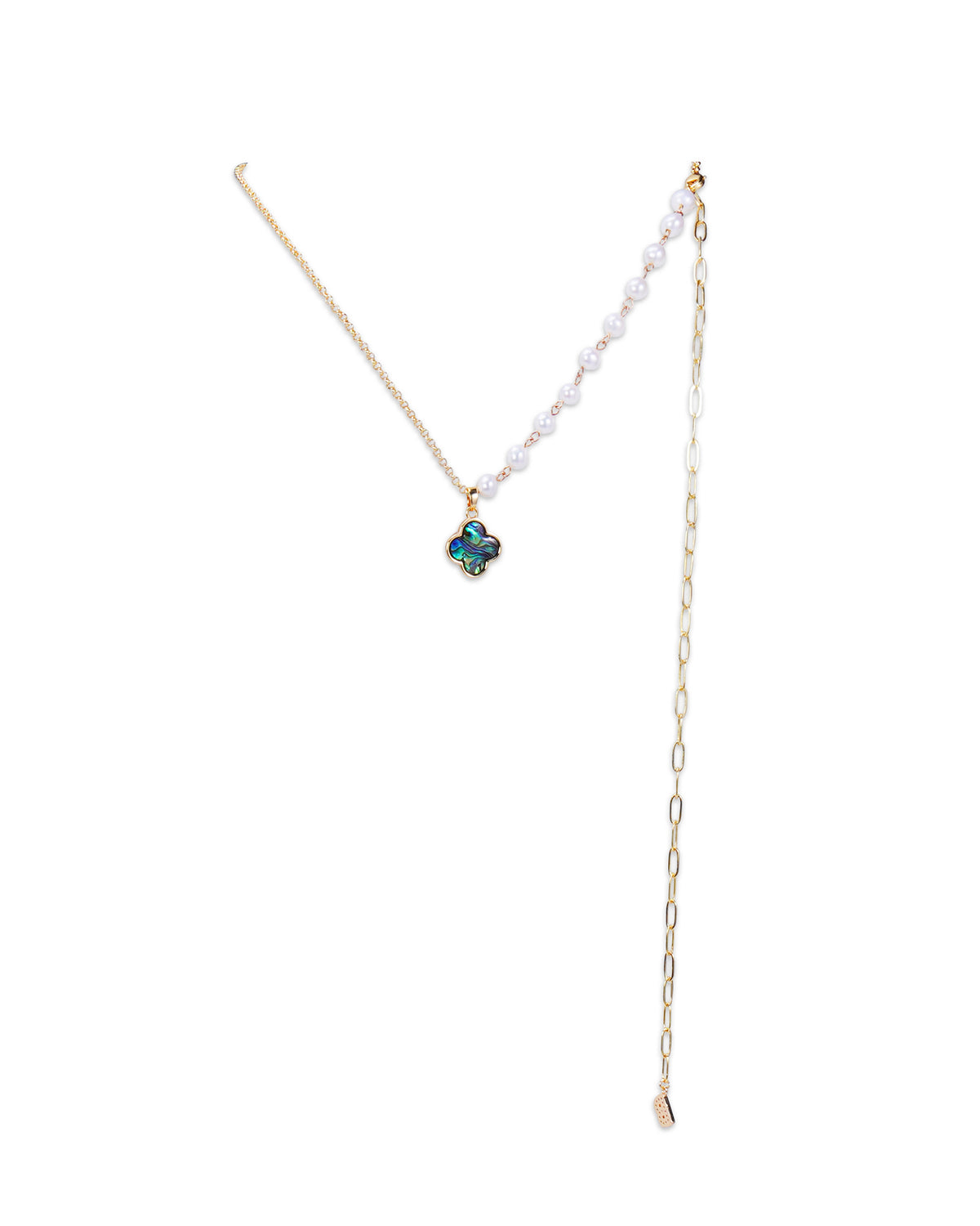 14K Gold Four-leaf Clover Abalone Shell Pendant Chain & Pearl Necklace
