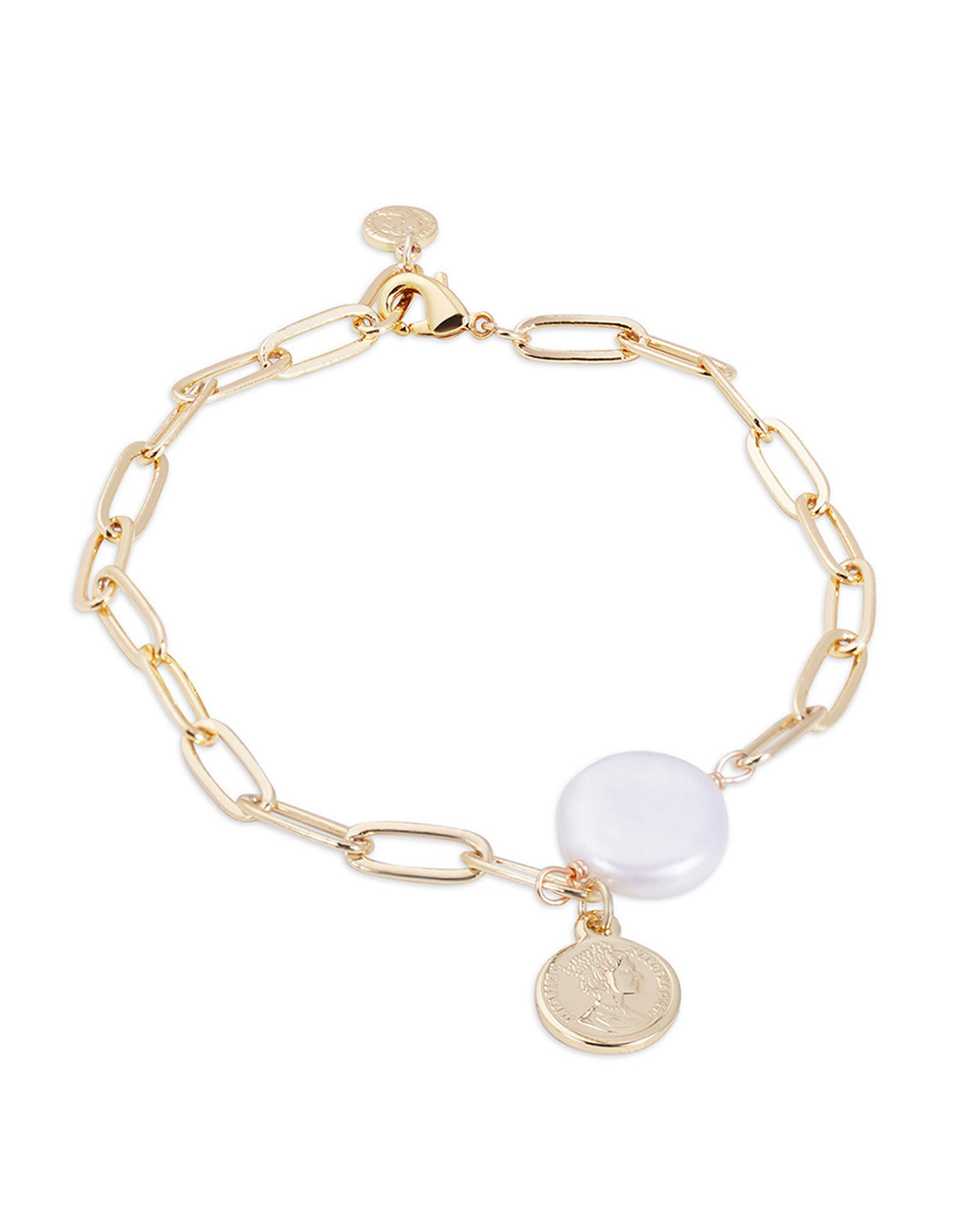 14K Gold Braque Pearl & Chain Coin Bracelet and Necklace Set