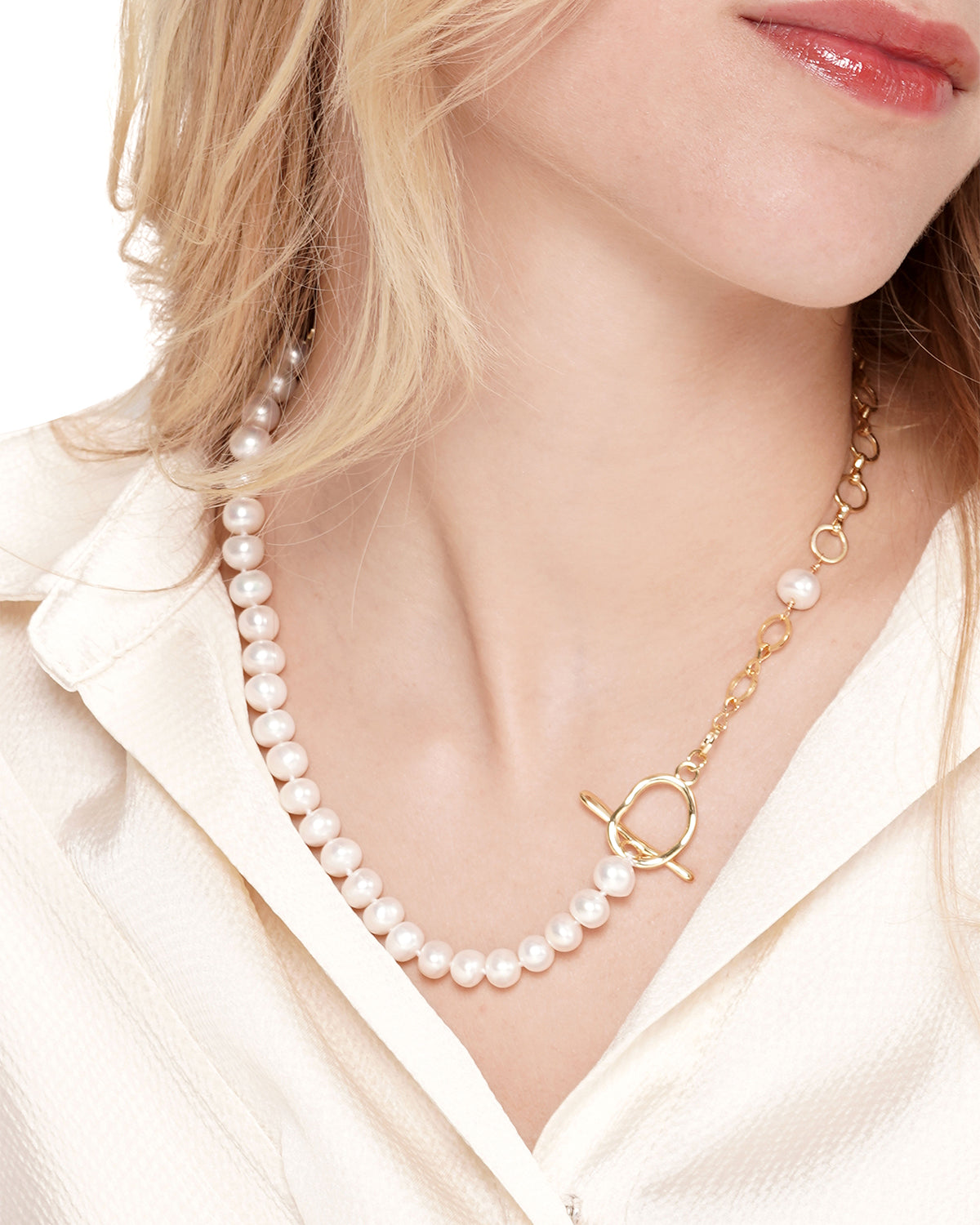 8-9mm White Freshwater Pearl & Chain Link Necklace
